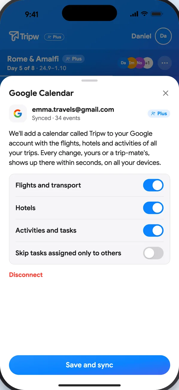 The Google Calendar sheet after connecting: the account, “Synced · 34 events” and the options