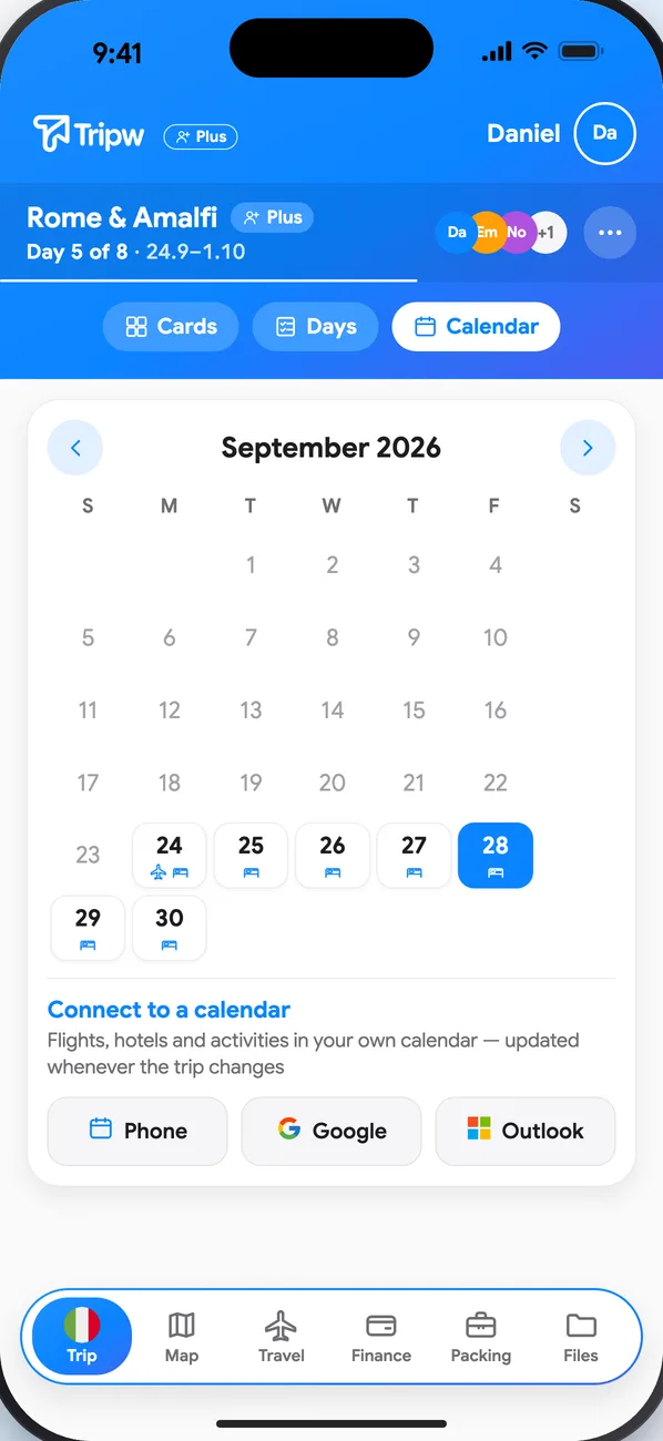 Calendar view: a month with the trip days, a plane on flight days and a bed on hotel nights, and “Connect to a calendar” with three buttons below
