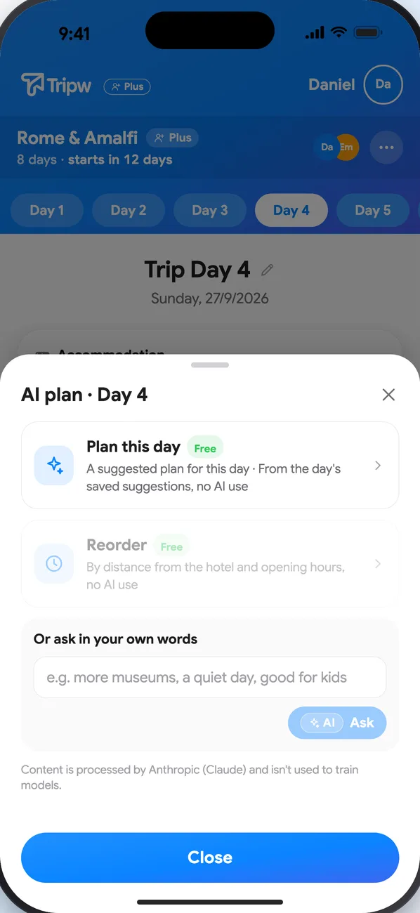 A trip day with the “AI plan” sheet: plan the day, reorder, and ask in your own words
