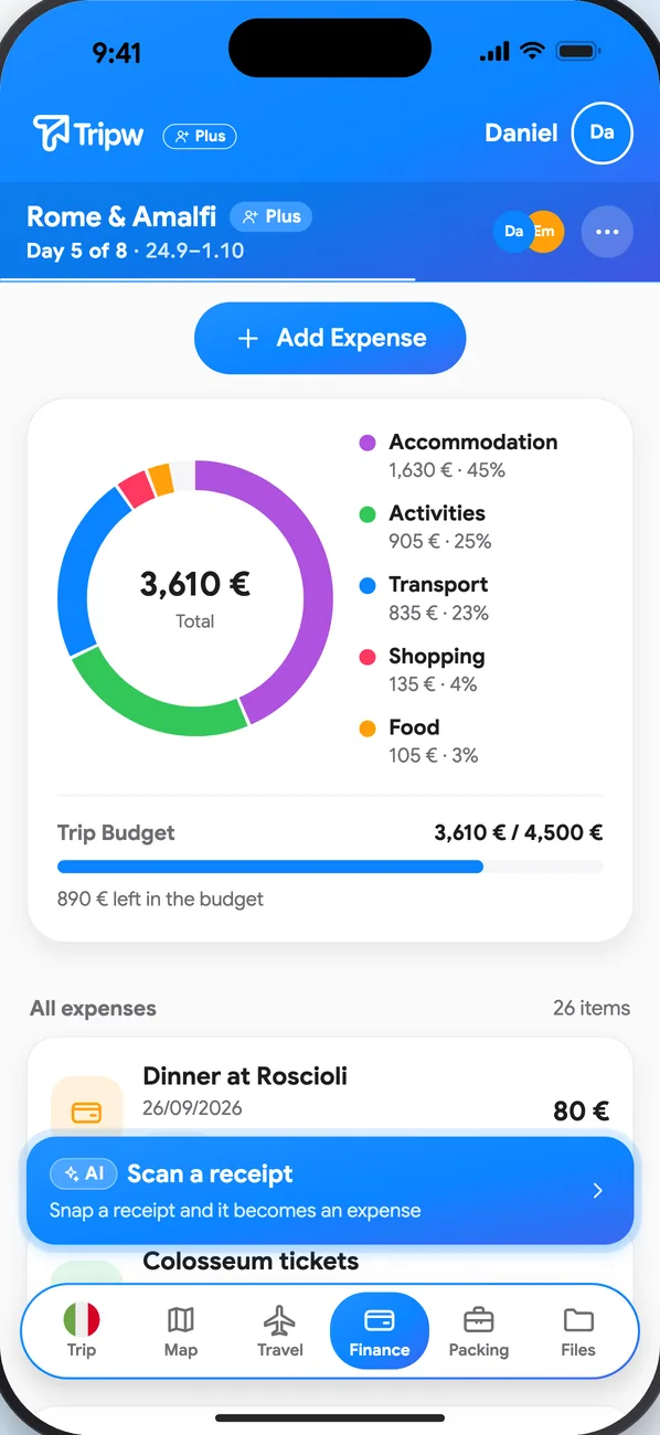 The Finance screen: “Add Expense”, “Scan a receipt” with AI, spending by category, the budget and the expense list