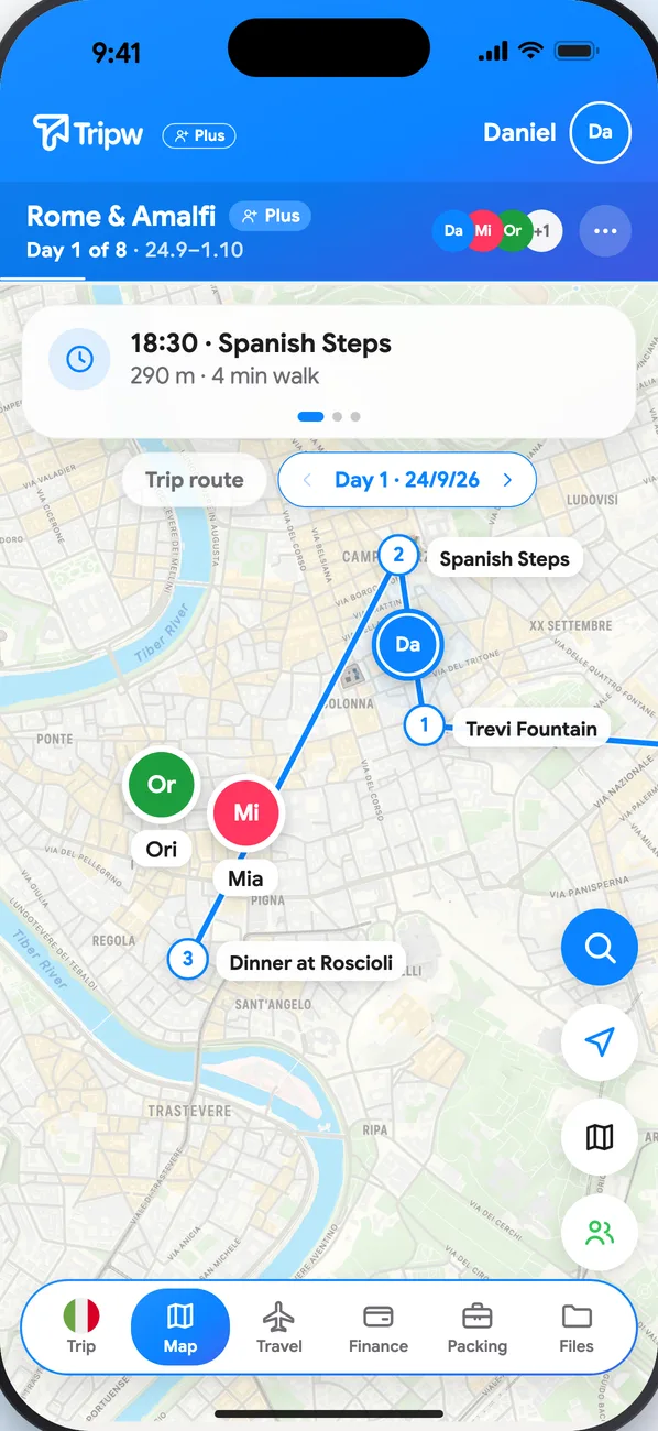 The day's map: places numbered in order, the task's name beside each, and the route line between them