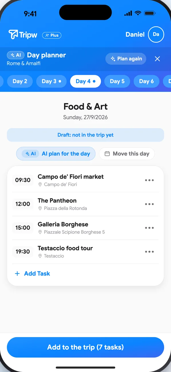 The day planner: a tab per day, and a plan with times and places for the selected day