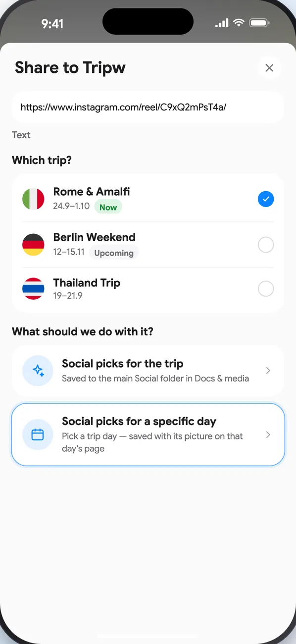 The “Share to Tripw” screen: pick a trip, then “Social picks for the trip” or “Social picks for a specific day”
